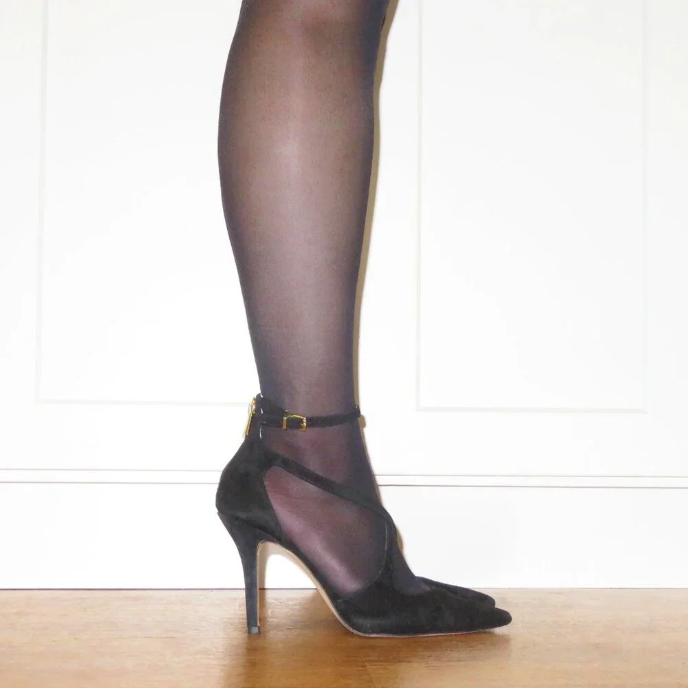 USED Women's Jessica Simpson Wynnley Black Lux Suede Strappy Stiletto Heels 8.5M - Picture 2 of 16